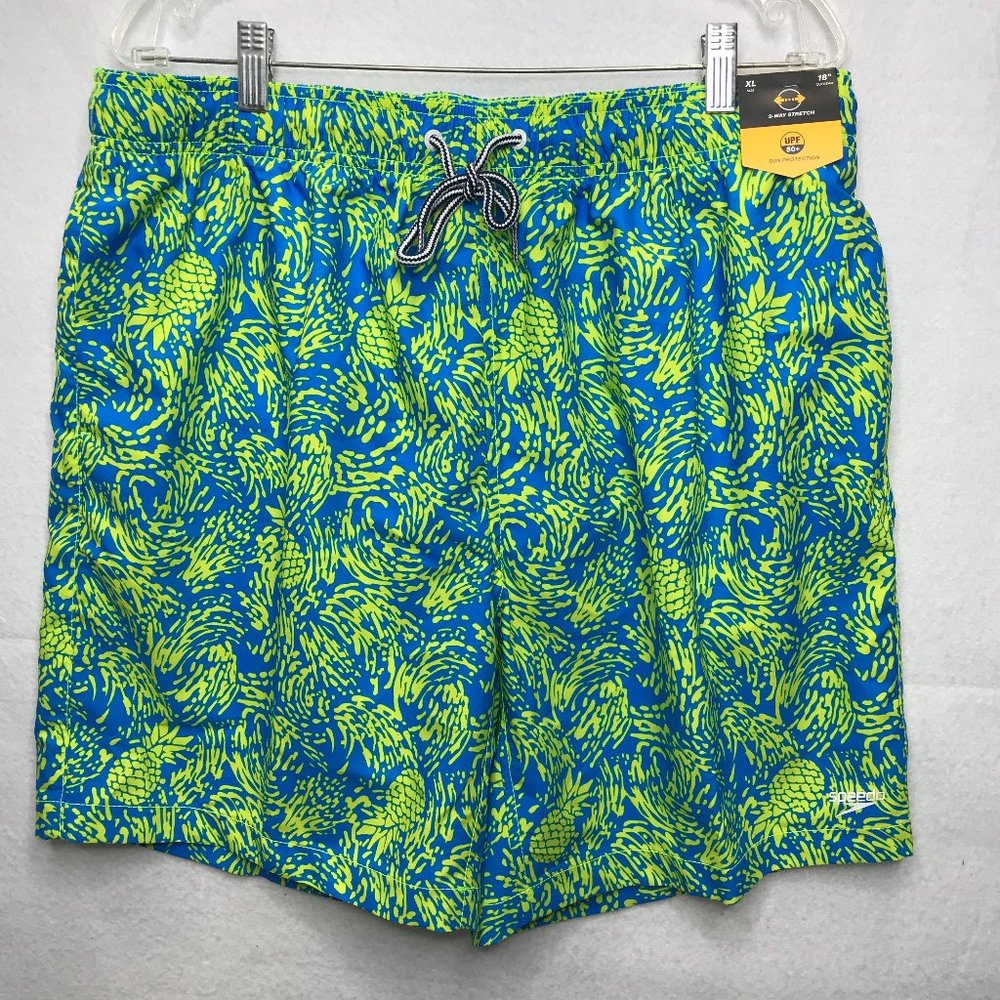 Speedo Men's Pineapple Swim Shorts/Trunks Size XL Blue/Green UPF 50 +